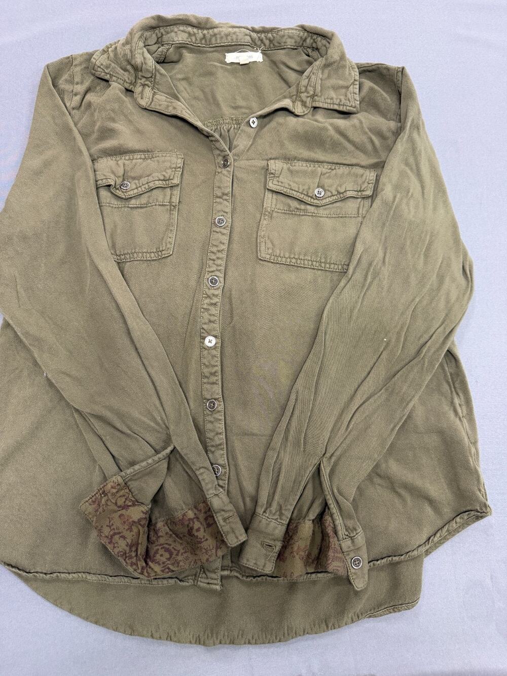 Maurices Women's LG Olive Green Roll Tab Sleeve Button Down Blouse Top